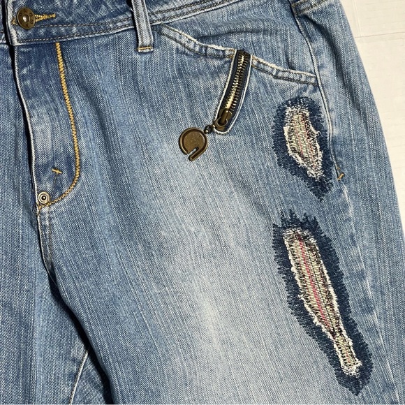 AKDMKS Knee length Jean Shorts Blue Embroidered Patches Urban Wear Mens Size 38 - Picture 3 of 12